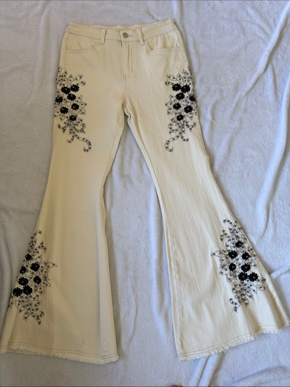 POL Cream Flare Jeans with Black Floral Embroidered/Studded